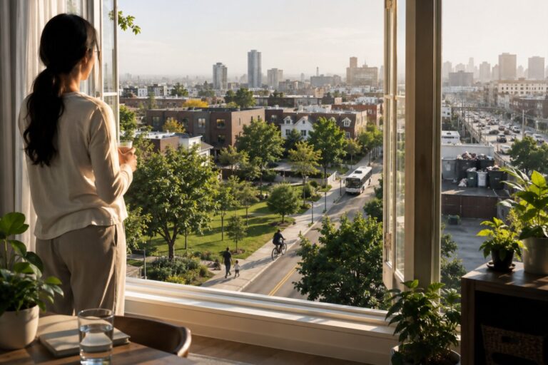 Morning view of a green urban neighborhood