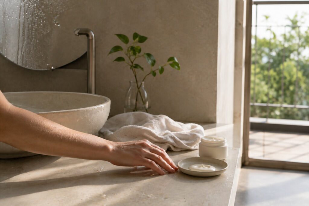 Wet hand beside a sink, moisturizer, and bright natural daylight.