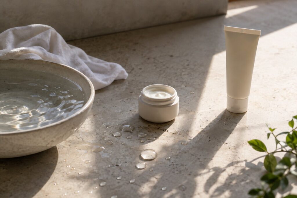 Water, moisturizer, and sunscreen on a sunlit stone surface.