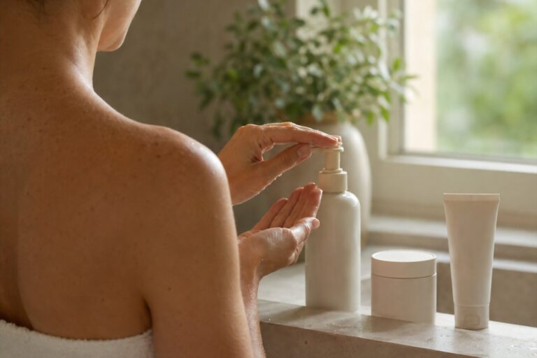 Simple skincare routine with unbranded products by a sunny window.