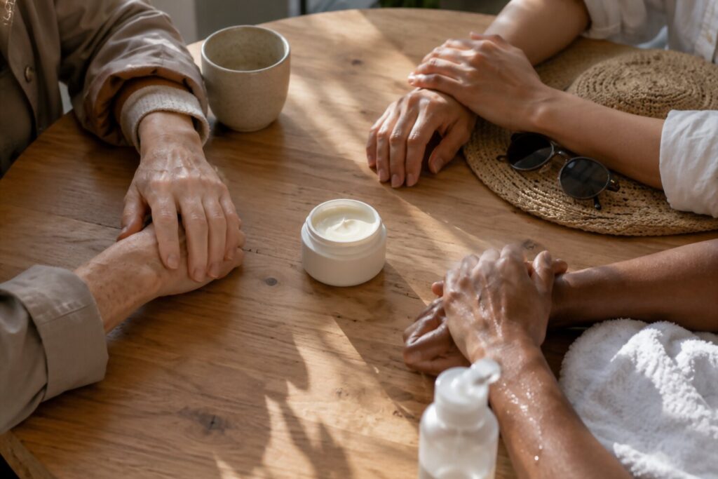 Different adult hands around a table with simple skincare items.